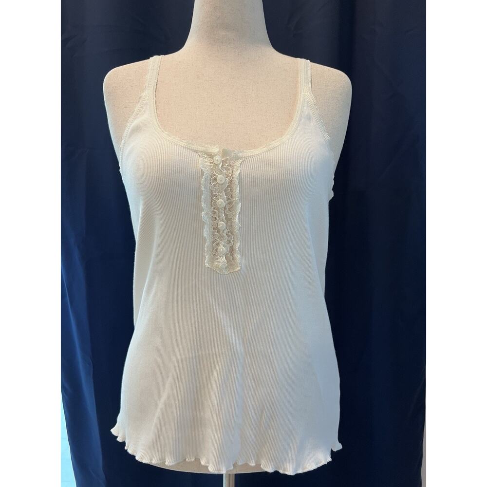 SUNDANCE XL Tank White Ribbed‎ Knit Ruffle Lace Button Boho Cottage Coquette